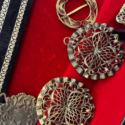 LOT 198J: Antique Victorian Belt Buckles with a Vintage Red Velvet Lined Jewelry Case