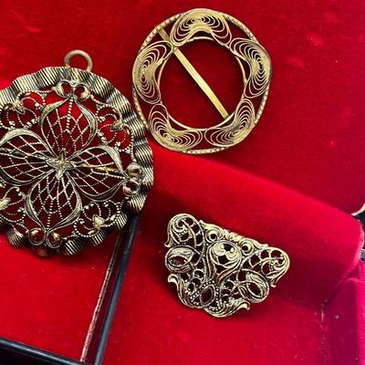 LOT 198J: Antique Victorian Belt Buckles with a Vintage Red Velvet Lined Jewelry Case