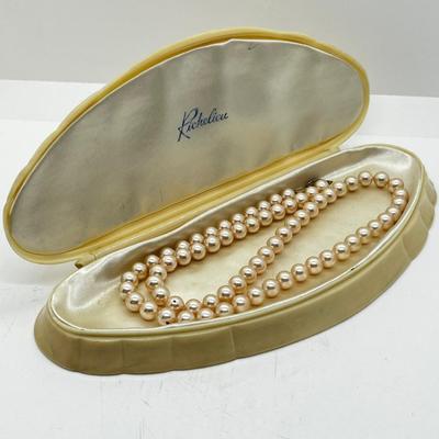 LOT 199J: Vintage 24" Strand Richelieu Pearls in Original Case and 17" Strand Faux Pearls in Vintage Gimbals Box