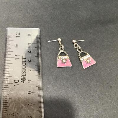 Vintage enamel purse, dangle earrings