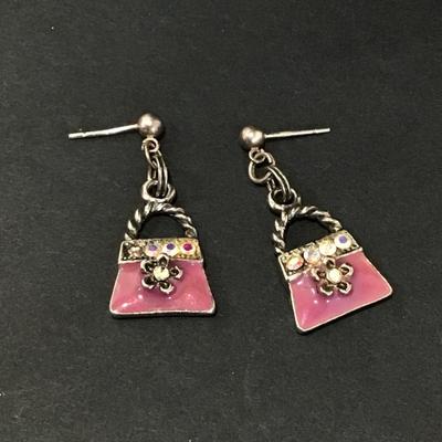 Vintage enamel purse, dangle earrings