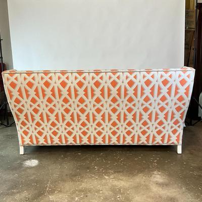 Sale Photo Thumbnail #825: Measurements:
40.5" in height, 40.5" in depth, 6' 6" in length, 20.5" in seat height, 24.5" in seat depth
Sofa has light soil on arms and front from transporting.