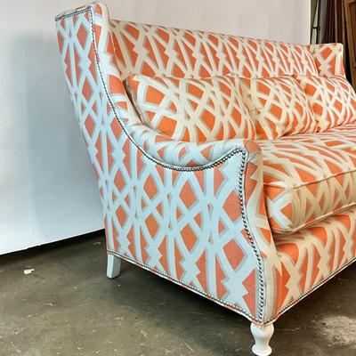 Sale Photo Thumbnail #817: Measurements:
40.5" in height, 40.5" in depth, 6' 6" in length, 20.5" in seat height, 24.5" in seat depth
Sofa has light soil on arms and front from transporting.