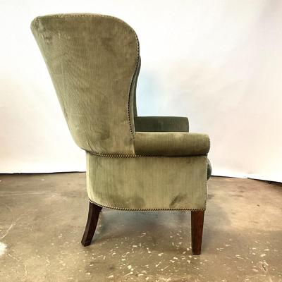 Sale Photo Thumbnail #828: Kerry Chair, Brass nailhead trim.
Measurements:
46" in height, 33.5" in depth, 36.25" in width, Seat height is 20"