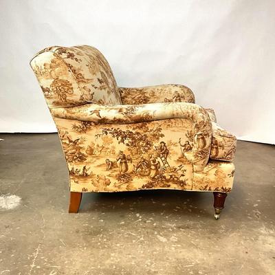 Sale Photo Thumbnail #834: Brass casters ottoman and front feet of chair
Measurements:
34" in width, 32" in height, 38" in depth, 16" in seat height
Ottoman is 22" in depth, 32" in width
Very good condition