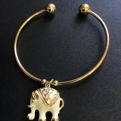 Cuff bangle gold plated charm bracelet white enamel elephant