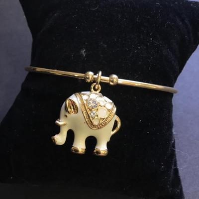 Cuff bangle gold plated charm bracelet white enamel elephant