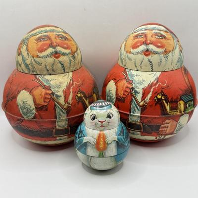 LOT 62L: Two Vintage 1980 Roly Poly Bristol Ware Santa Tins & Mini 1982 Easter Bunny Tin