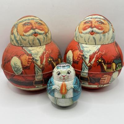 LOT 62L: Two Vintage 1980 Roly Poly Bristol Ware Santa Tins & Mini 1982 Easter Bunny Tin