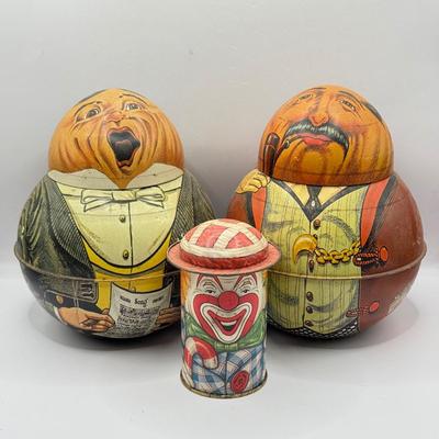 LOT 68L: Vintage Bristol Ware Roly Poly Tin Reproductions & Cap-Tins Mini Clown Tin