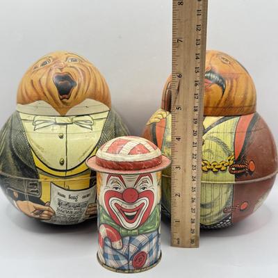 LOT 68L: Vintage Bristol Ware Roly Poly Tin Reproductions & Cap-Tins Mini Clown Tin