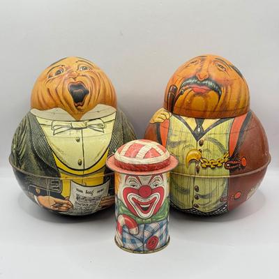 LOT 68L: Vintage Bristol Ware Roly Poly Tin Reproductions & Cap-Tins Mini Clown Tin