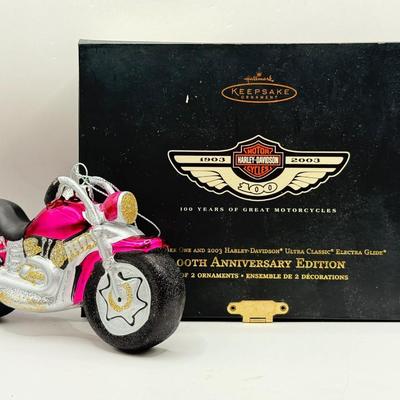 LOT 70L: Harley Davidson 100th Anniversary Ornaments NIB, Harley Davidson Books & Glass Motorcycle Ornament