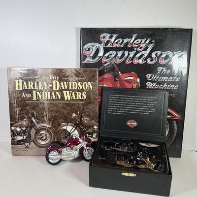 LOT 70L: Harley Davidson 100th Anniversary Ornaments NIB, Harley Davidson Books & Glass Motorcycle Ornament