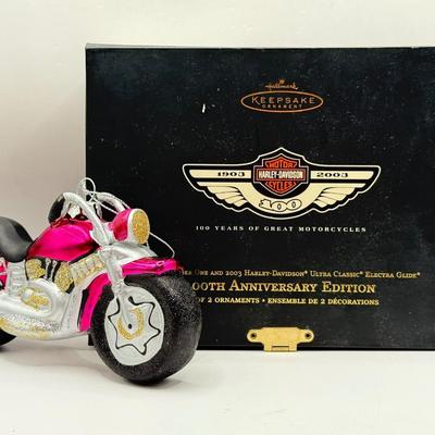 LOT 70L: Harley Davidson 100th Anniversary Ornaments NIB, Harley Davidson Books & Glass Motorcycle Ornament
