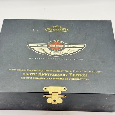 LOT 70L: Harley Davidson 100th Anniversary Ornaments NIB, Harley Davidson Books & Glass Motorcycle Ornament