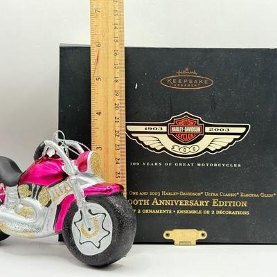 LOT 70L: Harley Davidson 100th Anniversary Ornaments NIB, Harley Davidson Books & Glass Motorcycle Ornament
