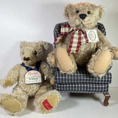 LOT 73K: Vintage Stuffed Bears & Miniature Wingback Chair: Hamleys Heritage Bears “William” & Kimberly’s Originals