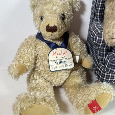LOT 73K: Vintage Stuffed Bears & Miniature Wingback Chair: Hamleys Heritage Bears “William” & Kimberly’s Originals