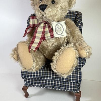 LOT 73K: Vintage Stuffed Bears & Miniature Wingback Chair: Hamleys Heritage Bears “William” & Kimberly’s Originals