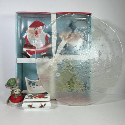 LOT 80K: NIB Christmas Tidbit Trays, Glass Platter, Trinket Box & Bell