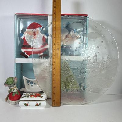 LOT 80K: NIB Christmas Tidbit Trays, Glass Platter, Trinket Box & Bell