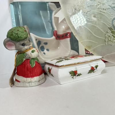 LOT 80K: NIB Christmas Tidbit Trays, Glass Platter, Trinket Box & Bell