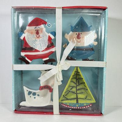 LOT 80K: NIB Christmas Tidbit Trays, Glass Platter, Trinket Box & Bell