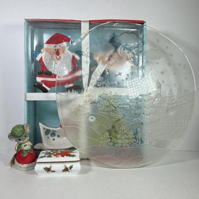 LOT 80K: NIB Christmas Tidbit Trays, Glass Platter, Trinket Box & Bell