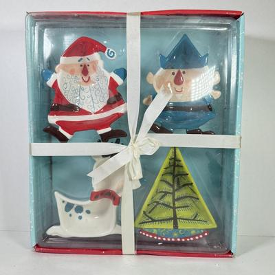 LOT 80K: NIB Christmas Tidbit Trays, Glass Platter, Trinket Box & Bell