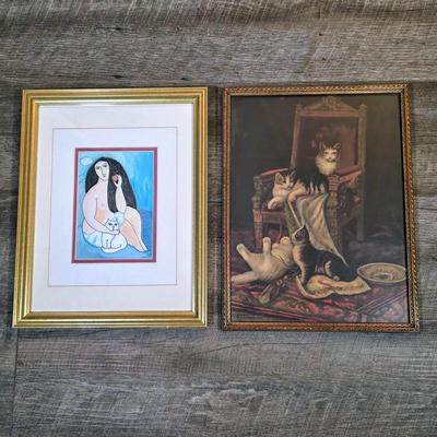 LOT 81L: Cat Collection, Includes Vintage Framed Wall Art, Some Signed, Cat Clock & Metal Cat Angel Decoration