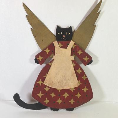 LOT 81L: Cat Collection, Includes Vintage Framed Wall Art, Some Signed, Cat Clock & Metal Cat Angel Decoration