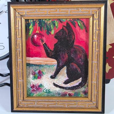 LOT 81L: Cat Collection, Includes Vintage Framed Wall Art, Some Signed, Cat Clock & Metal Cat Angel Decoration