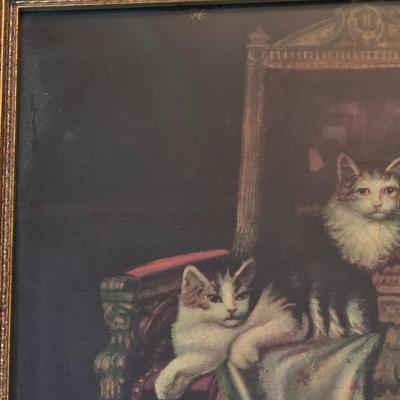 LOT 81L: Cat Collection, Includes Vintage Framed Wall Art, Some Signed, Cat Clock & Metal Cat Angel Decoration