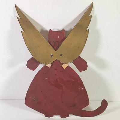 LOT 81L: Cat Collection, Includes Vintage Framed Wall Art, Some Signed, Cat Clock & Metal Cat Angel Decoration