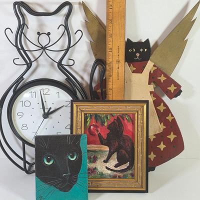 LOT 81L: Cat Collection, Includes Vintage Framed Wall Art, Some Signed, Cat Clock & Metal Cat Angel Decoration