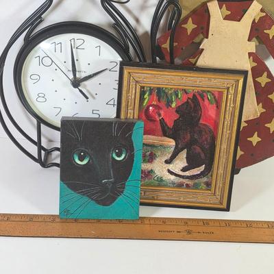 LOT 81L: Cat Collection, Includes Vintage Framed Wall Art, Some Signed, Cat Clock & Metal Cat Angel Decoration