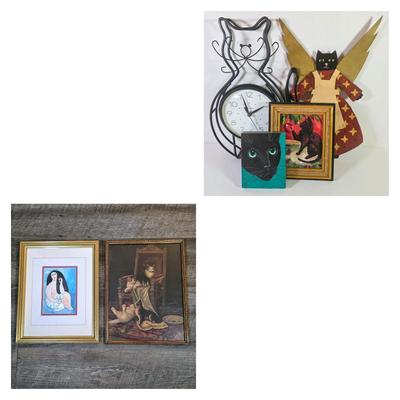 LOT 81L: Cat Collection, Includes Vintage Framed Wall Art, Some Signed, Cat Clock & Metal Cat Angel Decoration