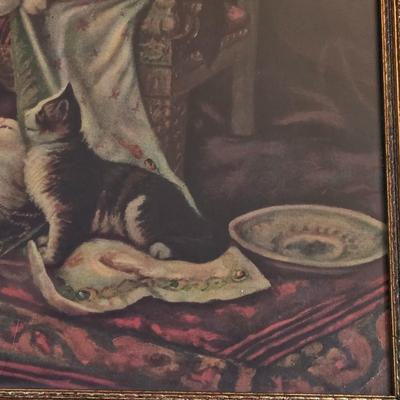 LOT 81L: Cat Collection, Includes Vintage Framed Wall Art, Some Signed, Cat Clock & Metal Cat Angel Decoration