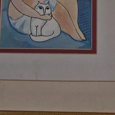 LOT 81L: Cat Collection, Includes Vintage Framed Wall Art, Some Signed, Cat Clock & Metal Cat Angel Decoration