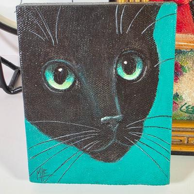 LOT 81L: Cat Collection, Includes Vintage Framed Wall Art, Some Signed, Cat Clock & Metal Cat Angel Decoration