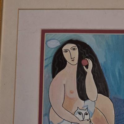 LOT 81L: Cat Collection, Includes Vintage Framed Wall Art, Some Signed, Cat Clock & Metal Cat Angel Decoration