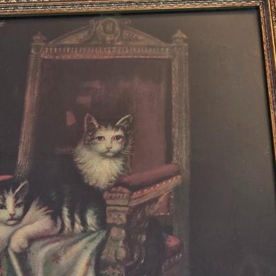 LOT 81L: Cat Collection, Includes Vintage Framed Wall Art, Some Signed, Cat Clock & Metal Cat Angel Decoration