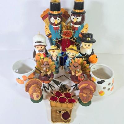 LOT 82L: Vintage Fall/Thanksgiving Themed, Figurines, S&P Shakers, Stained Glass, Candles & Candle Votives