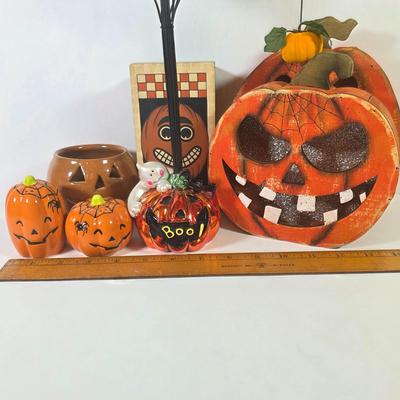 LOT 85F: Large Assortment Of Halloween Decorations, Decorative Primitive Box From Lancaster, PA, Garland W/Ghost/Pumpkins & Much More