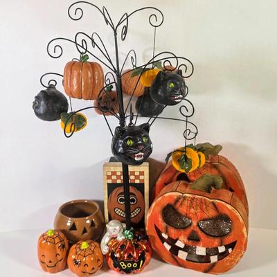 LOT 85F: Large Assortment Of Halloween Decorations, Decorative Primitive Box From Lancaster, PA, Garland W/Ghost/Pumpkins & Much More