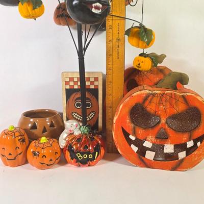 LOT 85F: Large Assortment Of Halloween Decorations, Decorative Primitive Box From Lancaster, PA, Garland W/Ghost/Pumpkins & Much More