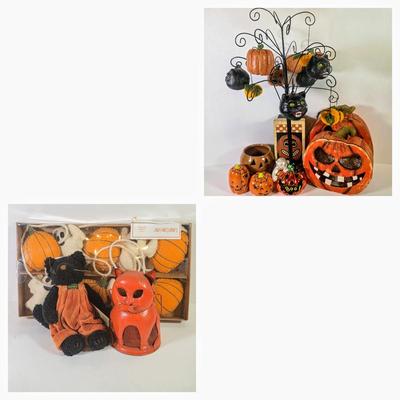 LOT 85F: Large Assortment Of Halloween Decorations, Decorative Primitive Box From Lancaster, PA, Garland W/Ghost/Pumpkins & Much More