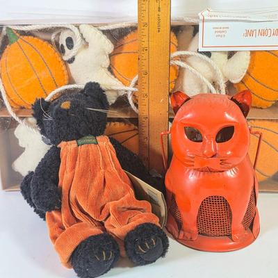 LOT 85F: Large Assortment Of Halloween Decorations, Decorative Primitive Box From Lancaster, PA, Garland W/Ghost/Pumpkins & Much More