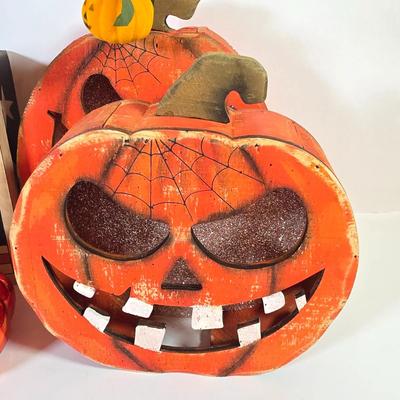LOT 85F: Large Assortment Of Halloween Decorations, Decorative Primitive Box From Lancaster, PA, Garland W/Ghost/Pumpkins & Much More